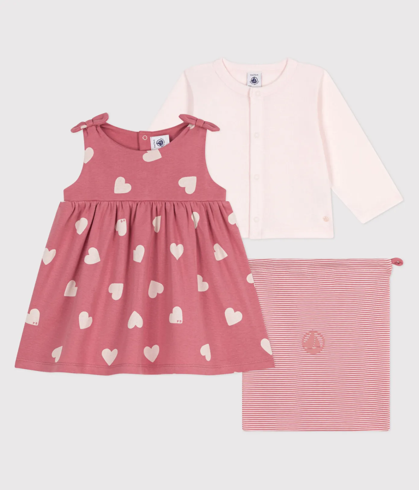 Petit Bateau Sets, Overalls & Latzhosen*2-teiliges Baby-Set aus Baumwolle, einfarbiger Cardigan und gemustertes Kleid rosa ROSEWOOD/ MULTICO