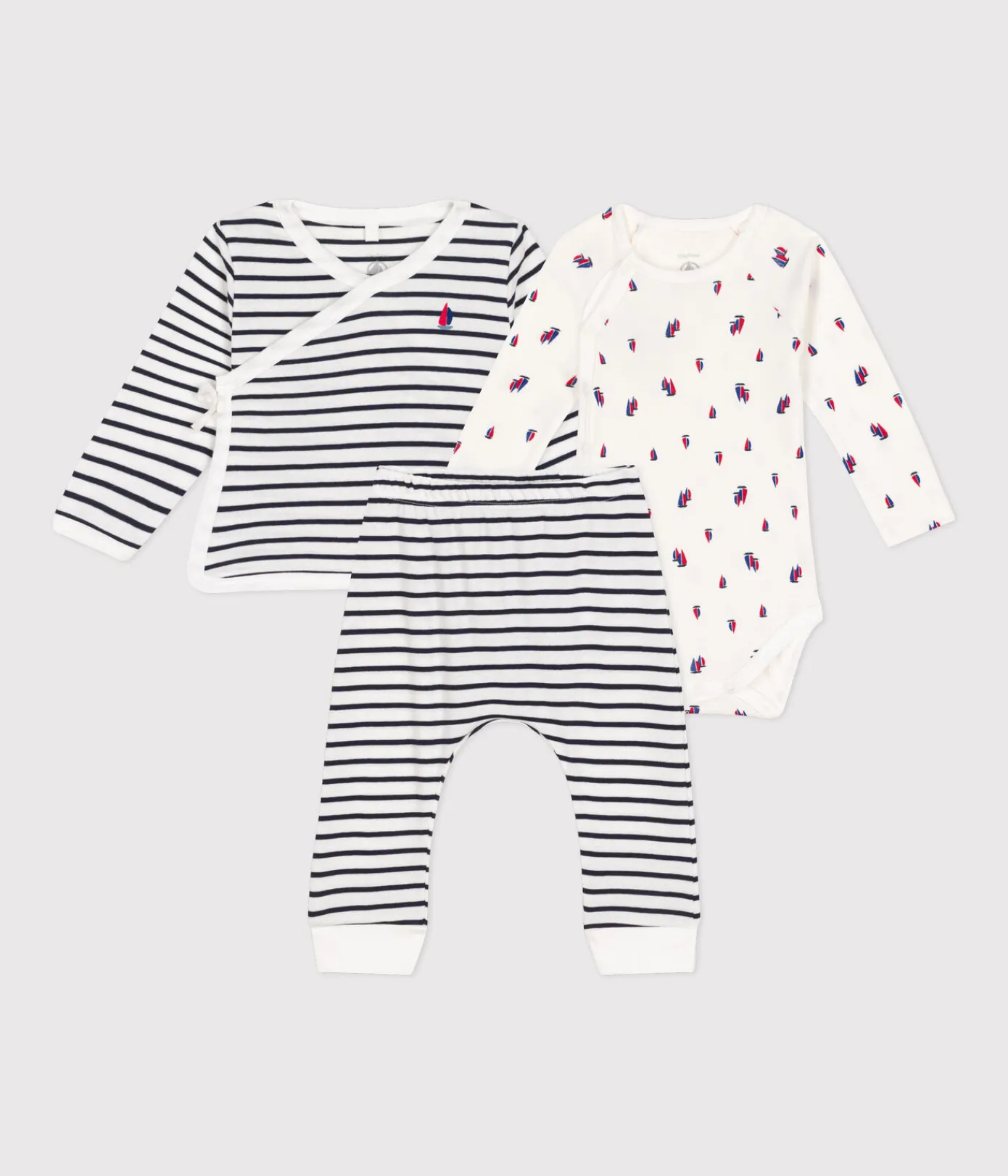 Petit Bateau Sets, Overalls & Latzhosen|Newborn*3-teiliges Baby-Set aus Baumwolle weiss MARSHMALLOW/blau SMOKING