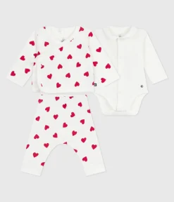 Petit Bateau Sets, Overalls & Latzhosen|Newborn*3-teiliges Baby-Set aus Baumwolle mit Herzmotiv weiss MARSHMALLOW/ROT TERKUIT