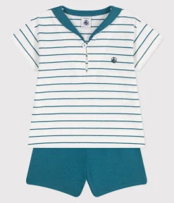 Petit Bateau Sets, Overalls & Latzhosen*2-teiliges Baby-Set aus Baumwolle, gestreiftes T-Shirt und einfarbige Shorts grün MARSHMALLOW/ DRAGONFLY