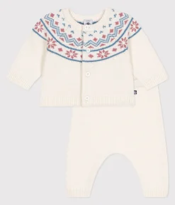Petit Bateau Sets, Overalls & Latzhosen|Newborn*2-teiliges Baby-Set Cardigan aus Jacquardstrick weiss MARSHMALLOW/rosa CHARME