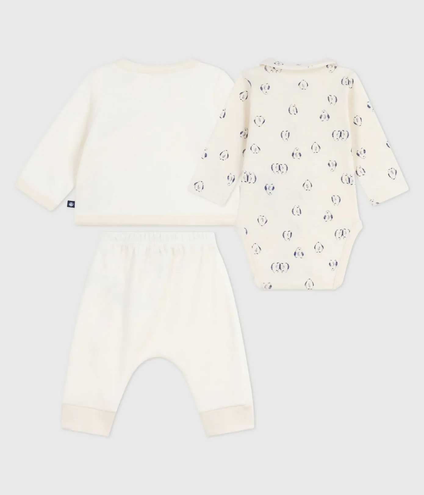 Petit Bateau Newborn|Sets, Overalls & Latzhosen*3-teiliges Baby-Set mit Wickeljacke und dazu passendem Body mit Pinguin-Motiv naturfarben MILK