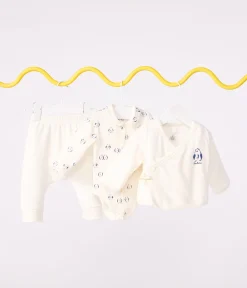 Petit Bateau Newborn|Sets, Overalls & Latzhosen*3-teiliges Baby-Set mit Wickeljacke und dazu passendem Body mit Pinguin-Motiv naturfarben MILK