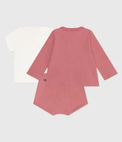 Petit Bateau Sets, Overalls & Latzhosen|Newborn*3-teiliges Newborn-Set aus Baumwolle und T-Shirt mit besticktem Kragen rosa ROSEWOOD/ MULTICO
