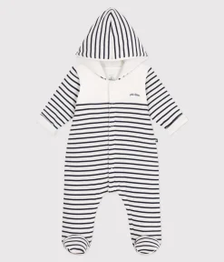 Petit Bateau Sets, Overalls & Latzhosen|Newborn*Wattierter Strampler mit Kapuze und Füßchen im Matrosen-Look. weiss MARSHMALLOW/blau SMOKING