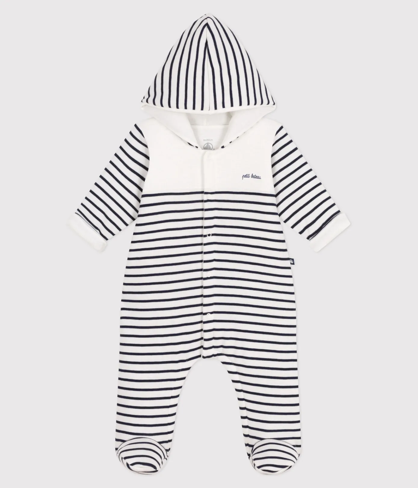 Petit Bateau Sets, Overalls & Latzhosen|Newborn*Wattierter Strampler mit Kapuze und Füßchen im Matrosen-Look. weiss MARSHMALLOW/blau SMOKING