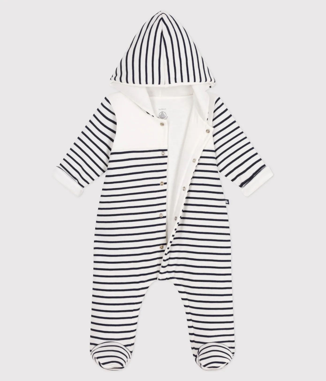 Petit Bateau Sets, Overalls & Latzhosen|Newborn*Wattierter Strampler mit Kapuze und Füßchen im Matrosen-Look. weiss MARSHMALLOW/blau SMOKING