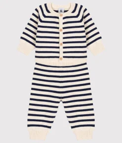 Petit Bateau Sets, Overalls & Latzhosen|Newborn*Zweiteiliges Baby-Set aus Woll- und Baumwoll-Strick mit Marinestreifen weiss AVALANCHE/blau SMOKING
